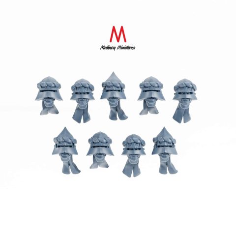 Gothic Sallet Helmets fantasy or historic skirmish wargaming miniatures conversion bits designed by Medbury Miniatures 3D printed by Forgemaster Miniatures