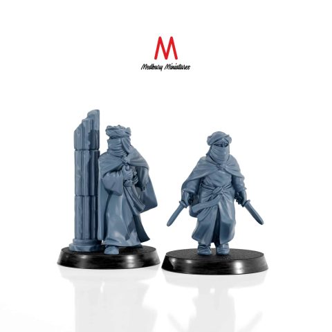 Southron Assassins set 1 armed with swords cloaks and daggers fantasy skirmish wargaming miniatures designed by Medbury Miniatures 3D printed by Forgemaster Miniatures