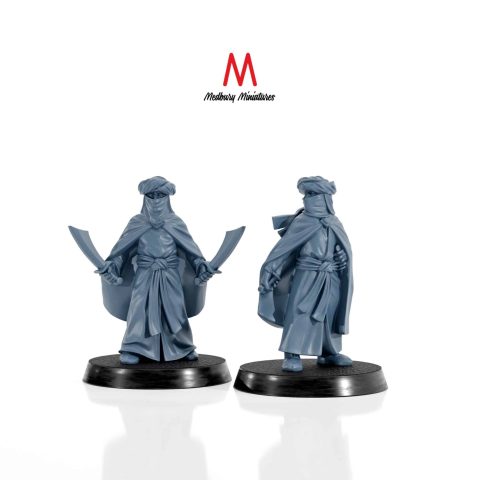 Southron Assassins set 2 armed with swords cloaks and daggers fantasy skirmish wargaming miniatures designed by Medbury Miniatures 3D printed by Forgemaster Miniatures