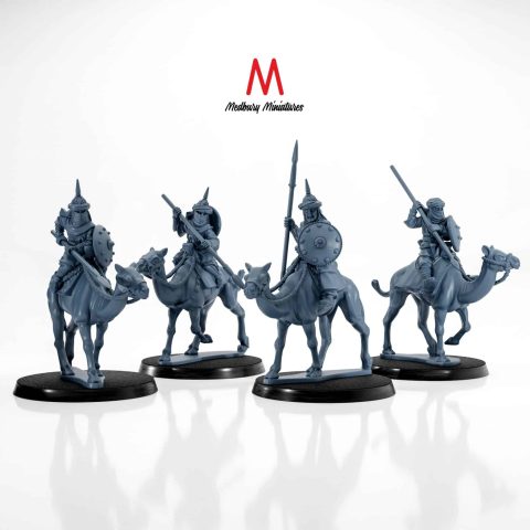 Southron Camel Riders with Spears and shields mounted spearmen Cavalry fantasy skirmish wargaming miniatures designed by Medbury Miniatures 3D printed by Forgemaster Miniatures