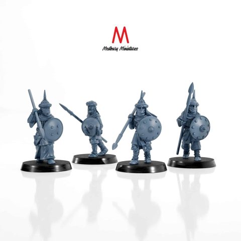 Southron Spearmen with Shields and spears fantasy skirmish wargaming miniatures designed by Medbury Miniatures 3D printed by Forgemaster Miniatures