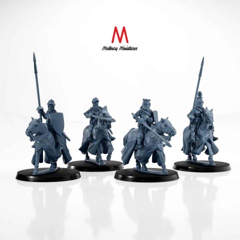 Hundred Years' War Knights with lances and shields mounted on a horse historic skirmish wargaming miniatures designed by Medbury Miniatures 3D printed by Forgemaster Miniatures