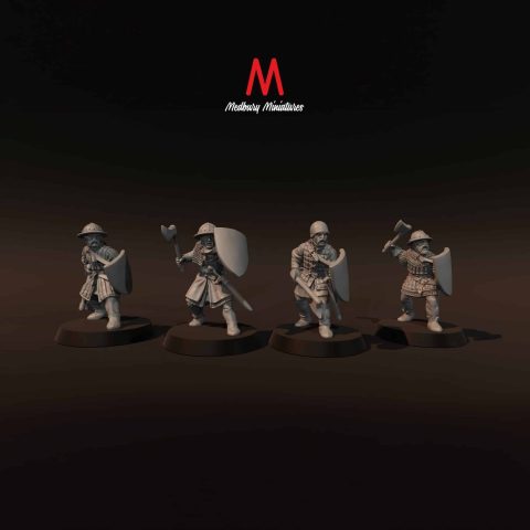 Medieval Scottish Infantry with Axes and Shields historic wargaming miniature designed by Medbury Miniatures 3D printed by Forgemaster Miniatures