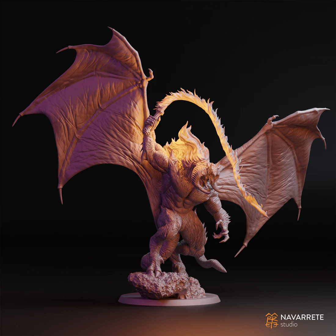 Balrakoth fire demon with whip skirmish wargaming miniatures designed by Navarette Studio 3D printed by Forgemaster Miniatures