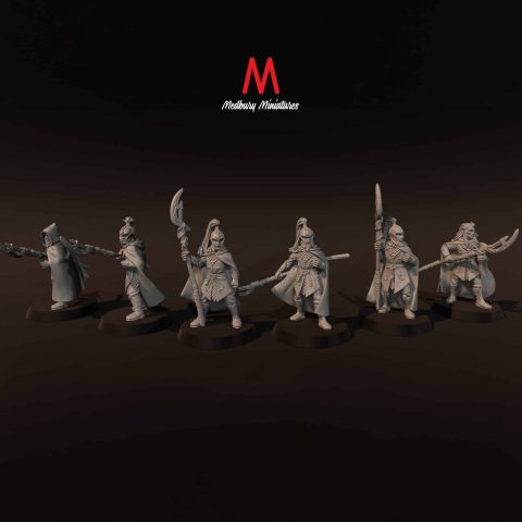 Wood Elf Spearmen with Shields fantasy skirmish wargaming miniatures designed by Medbury Miniatures and 3D printed by Forgemaster Miniatures no shields