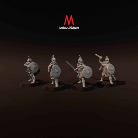 Justish Thanes with Swords historic fantasy skirmish wargaming miniatures designed by Medbury Miniatures and 3D printed by Forgemaster Miniatures