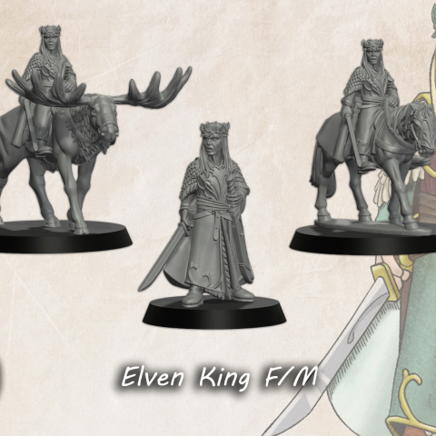 Elven King Foot and Mounted fantasy wargaming 28mm miniatures designed by Medbury Miniatures and 3D printed by Forgemaster Miniatures