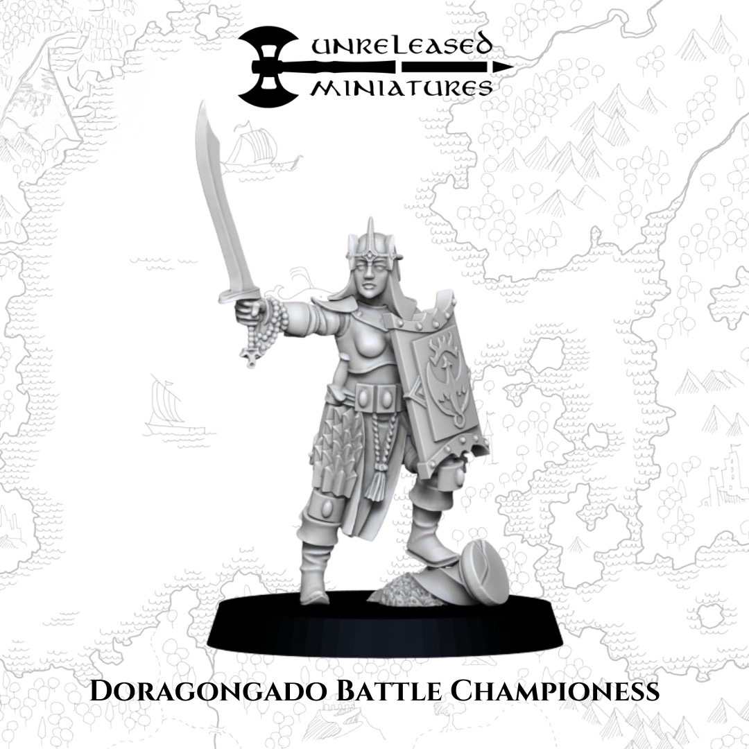 Doragongado Battle Championess fantasy wargaming 28mm miniatures designed by Unreleased Miniatures and 3D printed by Forgemaster Miniatures
