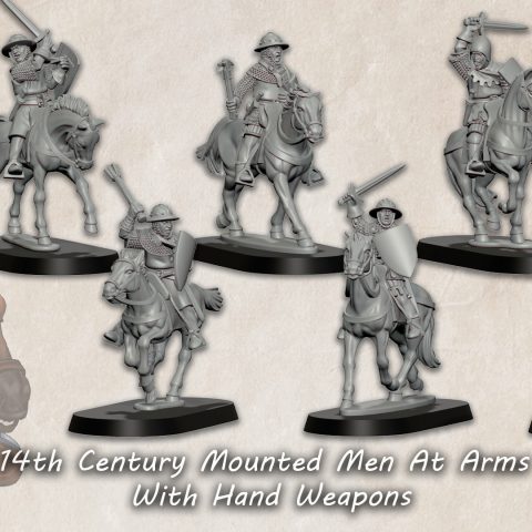 14th Century Mounted Men At Arms With Hand Weapons historic wargaming 28mm miniatures designed by Medbury Miniatures and 3D printed by Forgemaster Miniatures