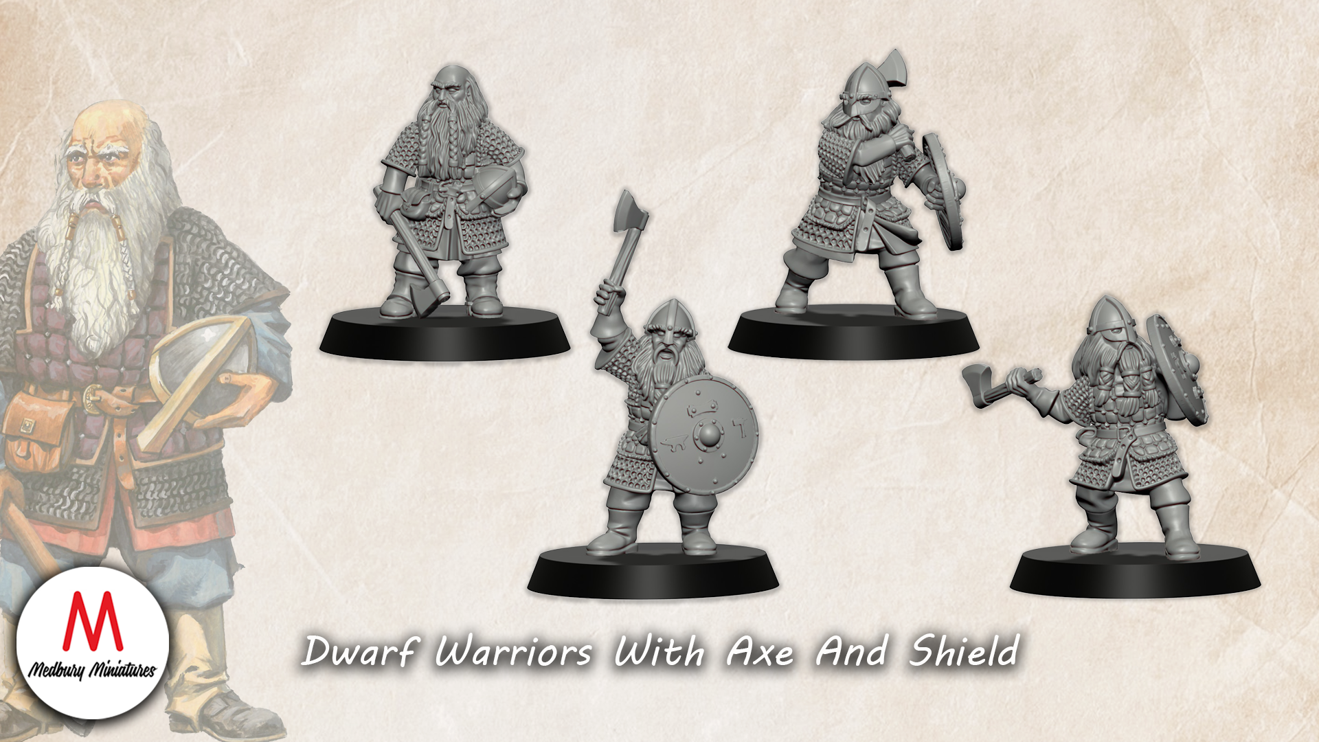 Dwarf Warriors with Axes and Shield fantasy wargaming 28mm miniatures designed by Medbury Miniatures and 3D printed by Forgemaster Miniatures