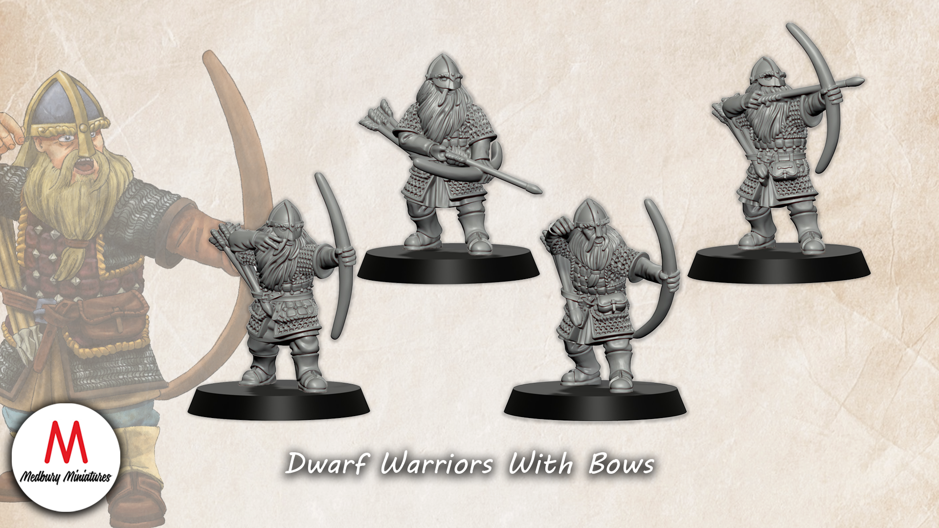 Dwarf Warriors with Bows fantasy wargaming 28mm miniatures designed by Medbury Miniatures and 3D printed by Forgemaster Miniatures