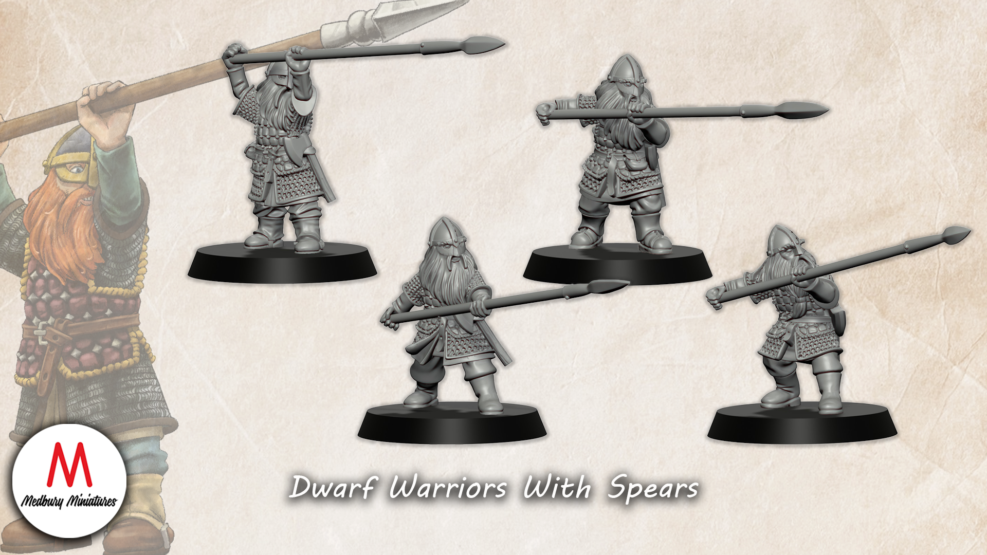 Dwarf Warriors with Spears fantasy wargaming 28mm miniatures designed by Medbury Miniatures and 3D printed by Forgemaster Miniatures