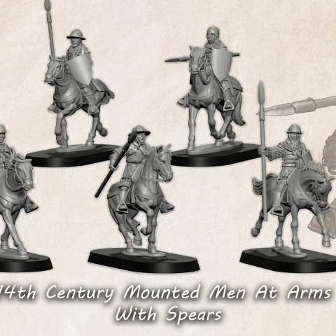 Mounted Men At Arms With Spears historic wargaming 28mm miniatures designed by Medbury Miniatures and 3D printed by Forgemaster Miniatures