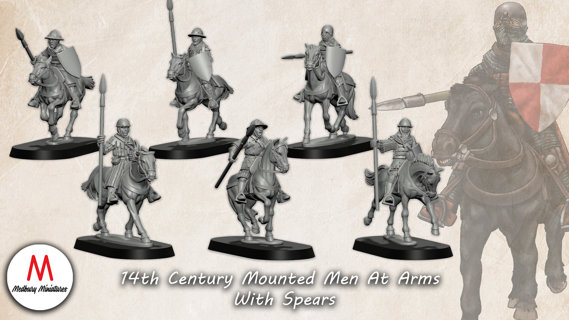 Mounted Men At Arms With Spears fantasy wargaming 28mm miniatures designed by Medbury Miniatures and 3D printed by Forgemaster Miniatures