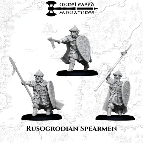 Rusogrodian Spearmen with spears and shields fantasy wargaming 28mm miniatures designed by Unreleased Miniatures and 3D printed by Forgemaster Miniatures