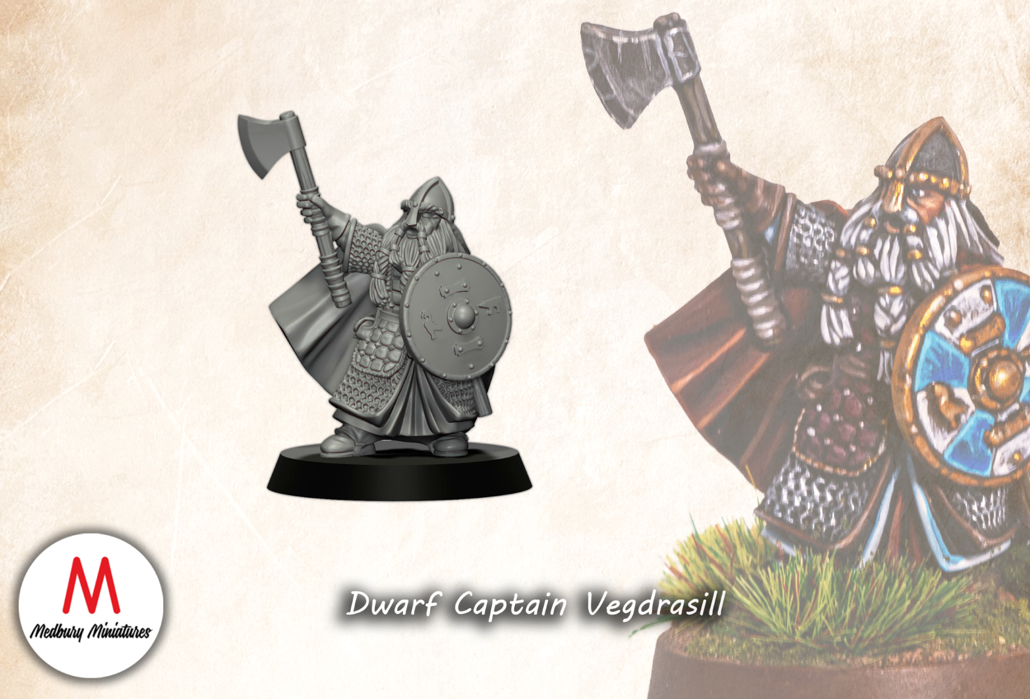 Vegdrasil, Dwarf Captain with axe and shield fantasy wargaming 28mm miniatures designed by Medbury Miniatures and 3D printed by Forgemaster Miniatures