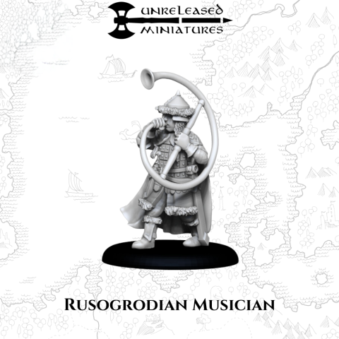Rusogrodian Musician with Horn fantasy wargaming 28mm miniatures designed by Unreleased Miniatures and 3D printed by Forgemaster Miniatures