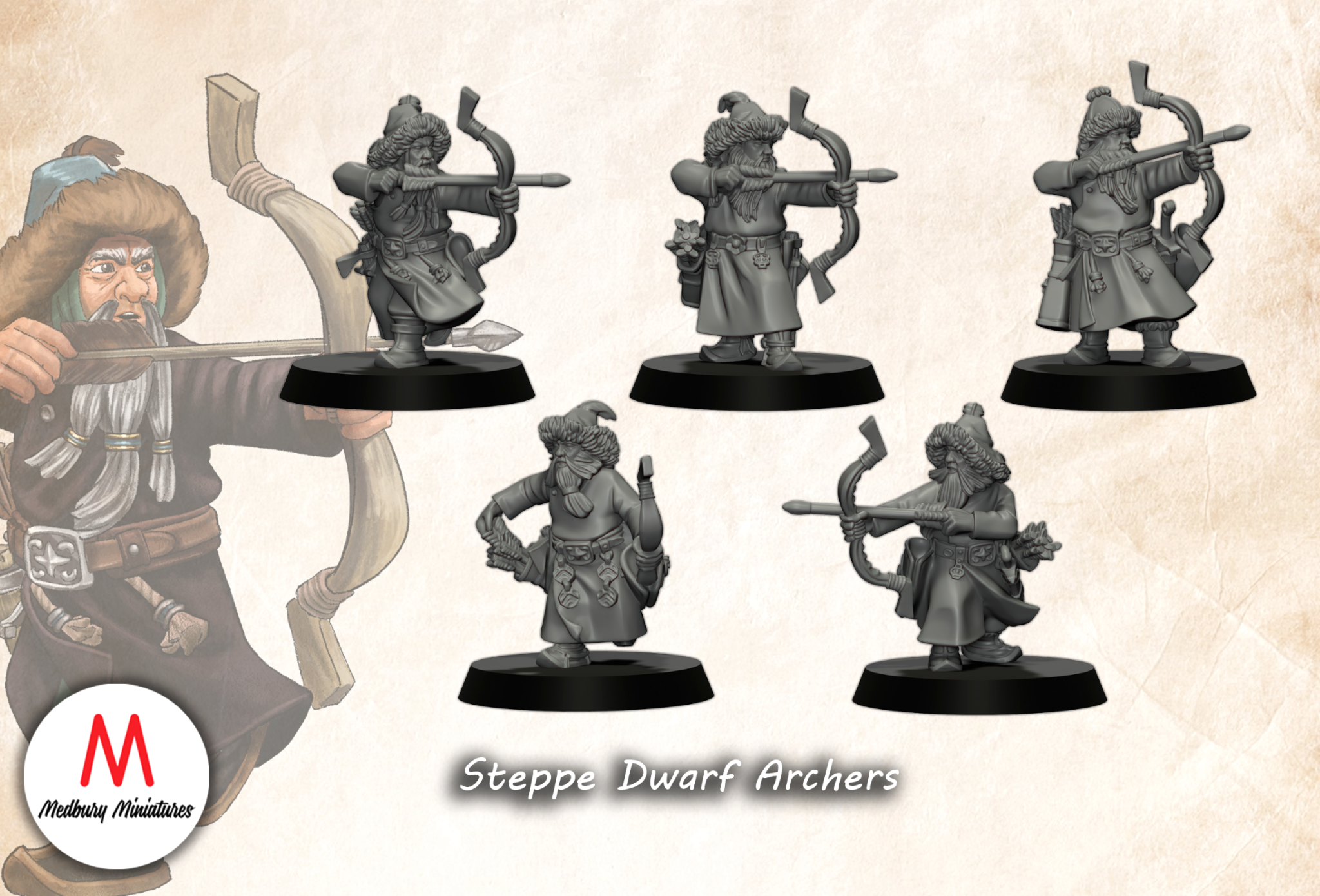 Steppe Dwarf Archers fantasy wargaming 28mm miniatures designed by Medbury Miniatures and 3D printed by Forgemaster Miniatures