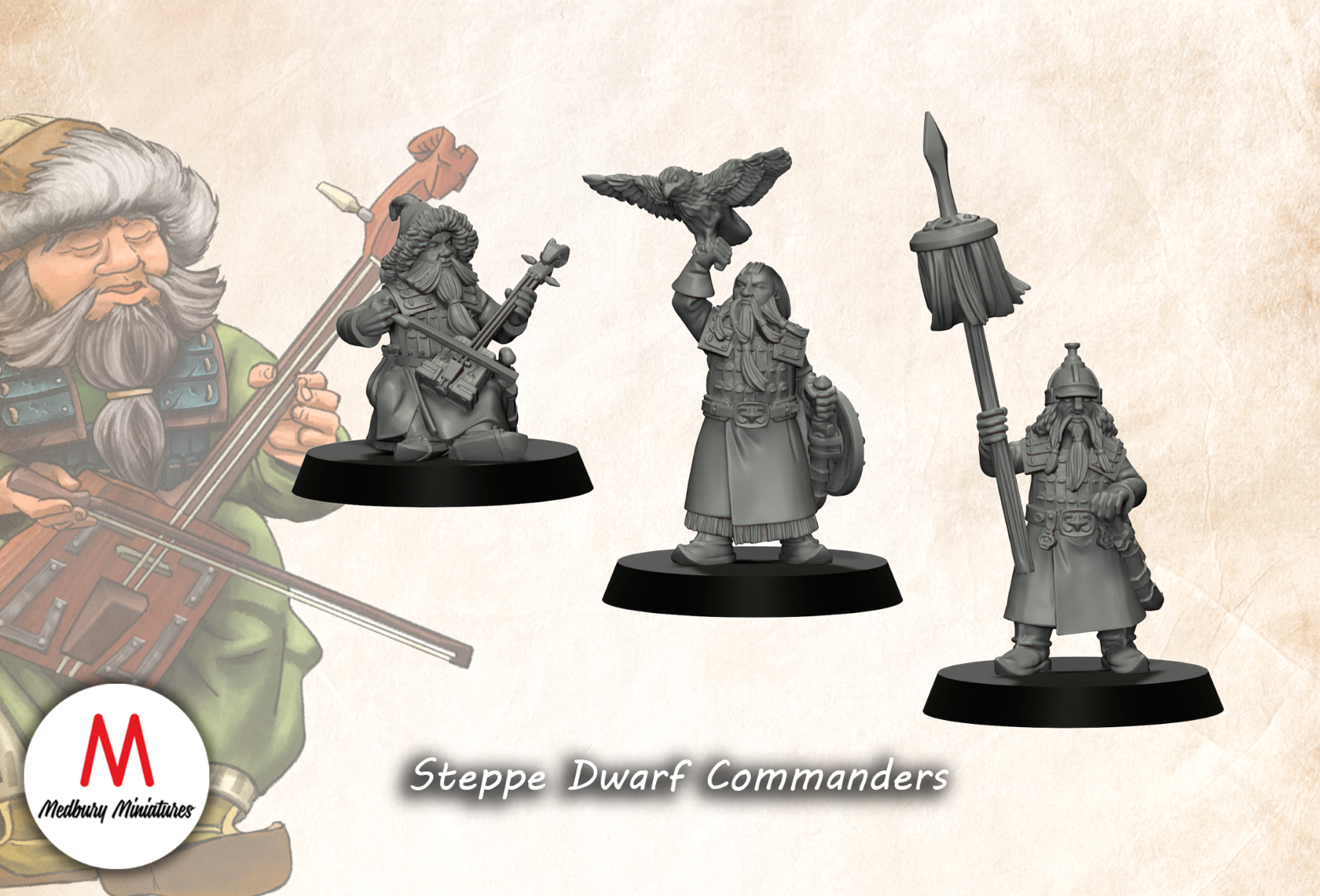 Steppe Dwarf Commanders fantasy wargaming 28mm miniatures designed by Medbury Miniatures and 3D printed by Forgemaster Miniatures