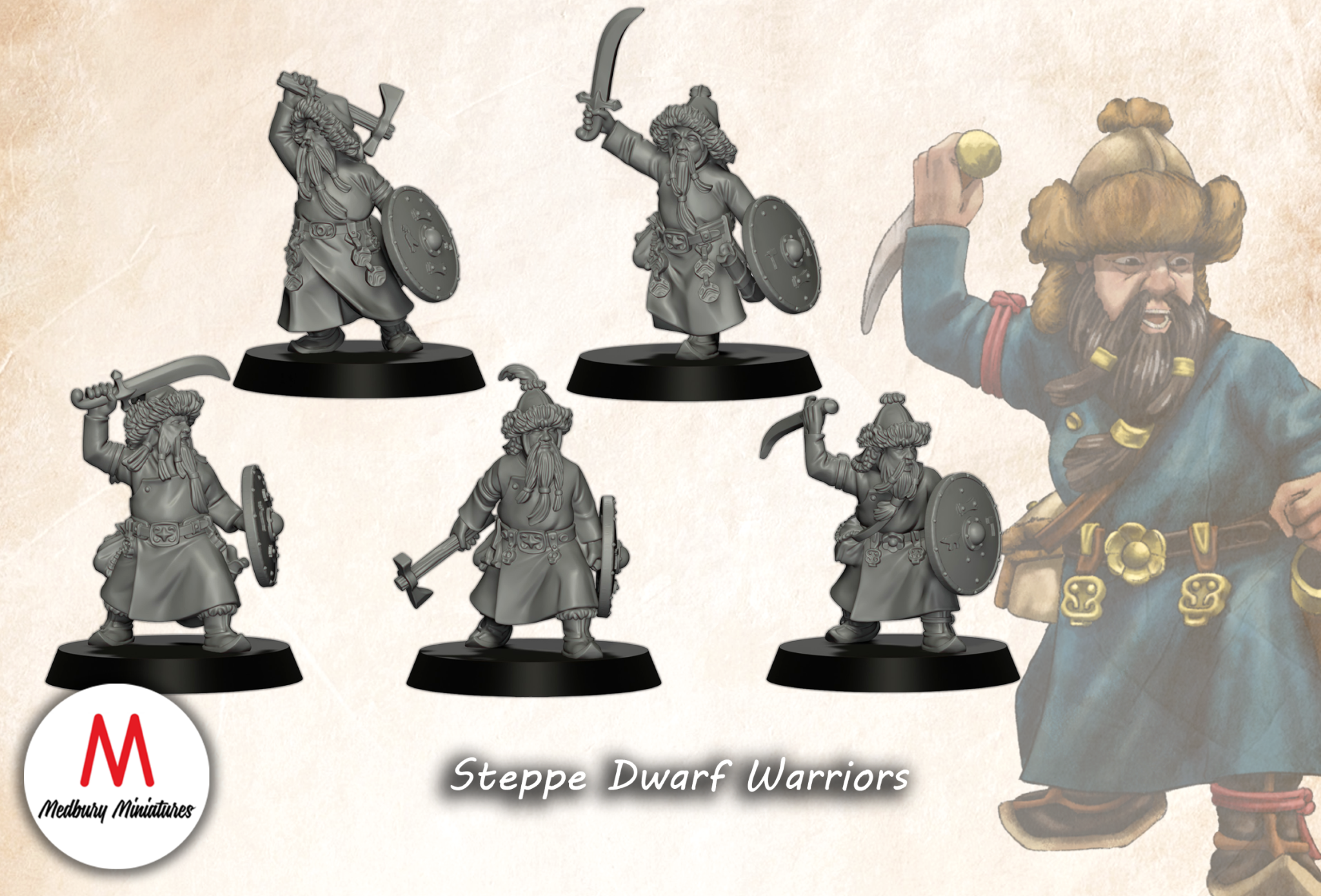 Steppe Dwarf Warriors with shields fantasy wargaming 28mm miniatures designed by Medbury Miniatures and 3D printed by Forgemaster Miniatures