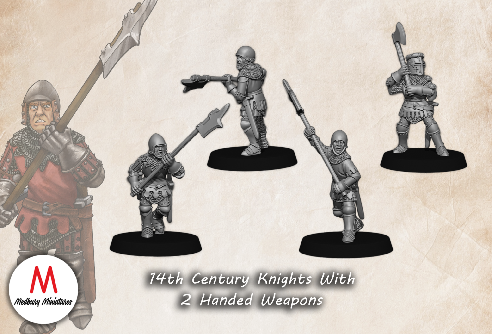 14th Century Knights with 2-Handed Weapons historic wargaming 28mm miniatures designed by Medbury Miniatures and 3D printed by Forgemaster Miniatures