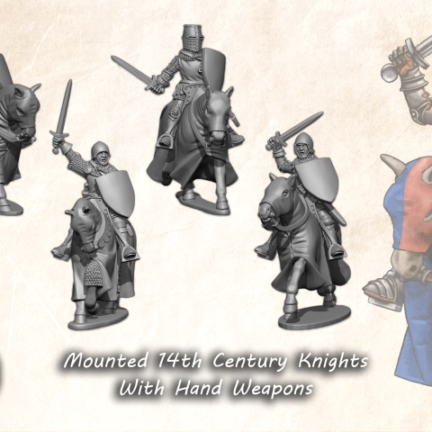Mounted 14th Century Knights with Hand Weapons historic wargaming 28mm miniatures designed by Medbury Miniatures and 3D printed by Forgemaster Miniatures