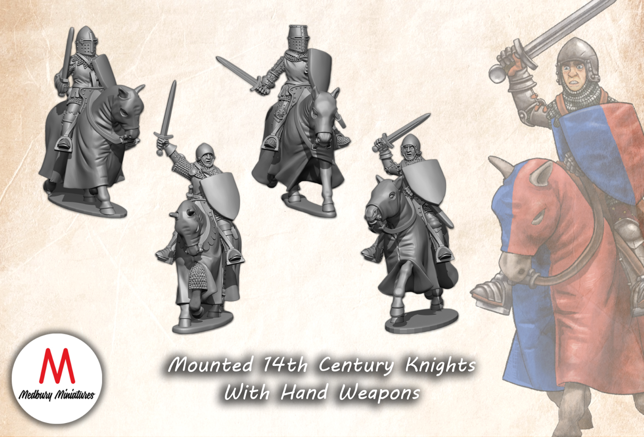 Mounted 14th Century Knights with Hand Weapons historic wargaming 28mm miniatures designed by Medbury Miniatures and 3D printed by Forgemaster Miniatures