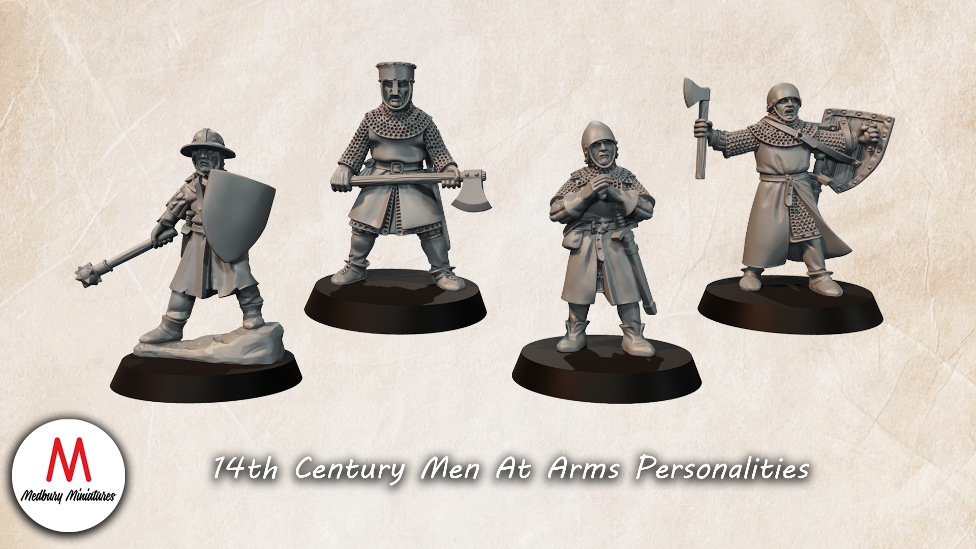 Early 14th Century Men At Arms Personalities historic wargaming 28mm miniatures designed by Medbury Miniatures and 3D printed by Forgemaster Miniatures