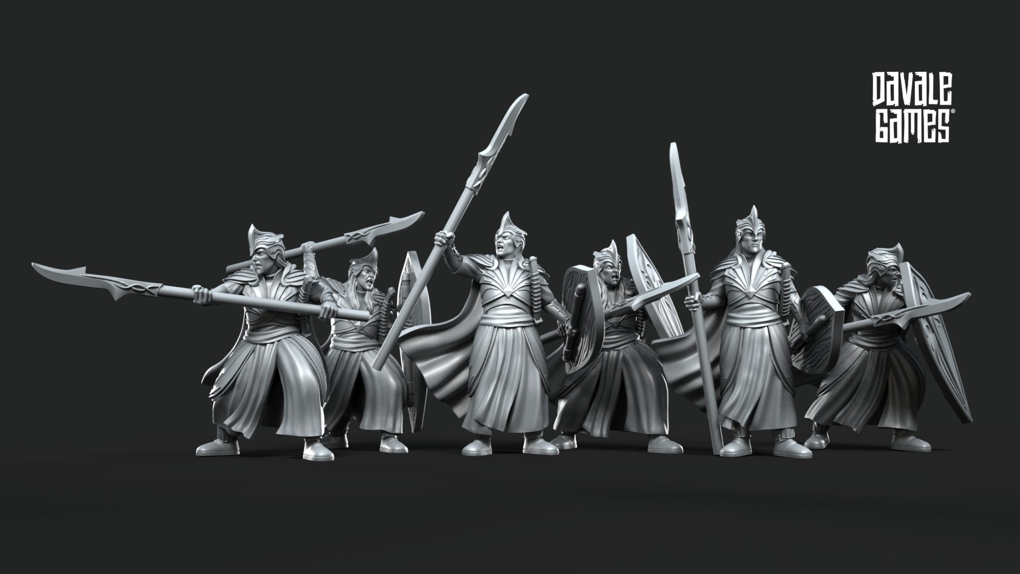 Galanthir Elves Spearmen with shields fantasy wargaming 28mm miniatures designed by Davale Games and 3D printed by Forgemaster Miniatures