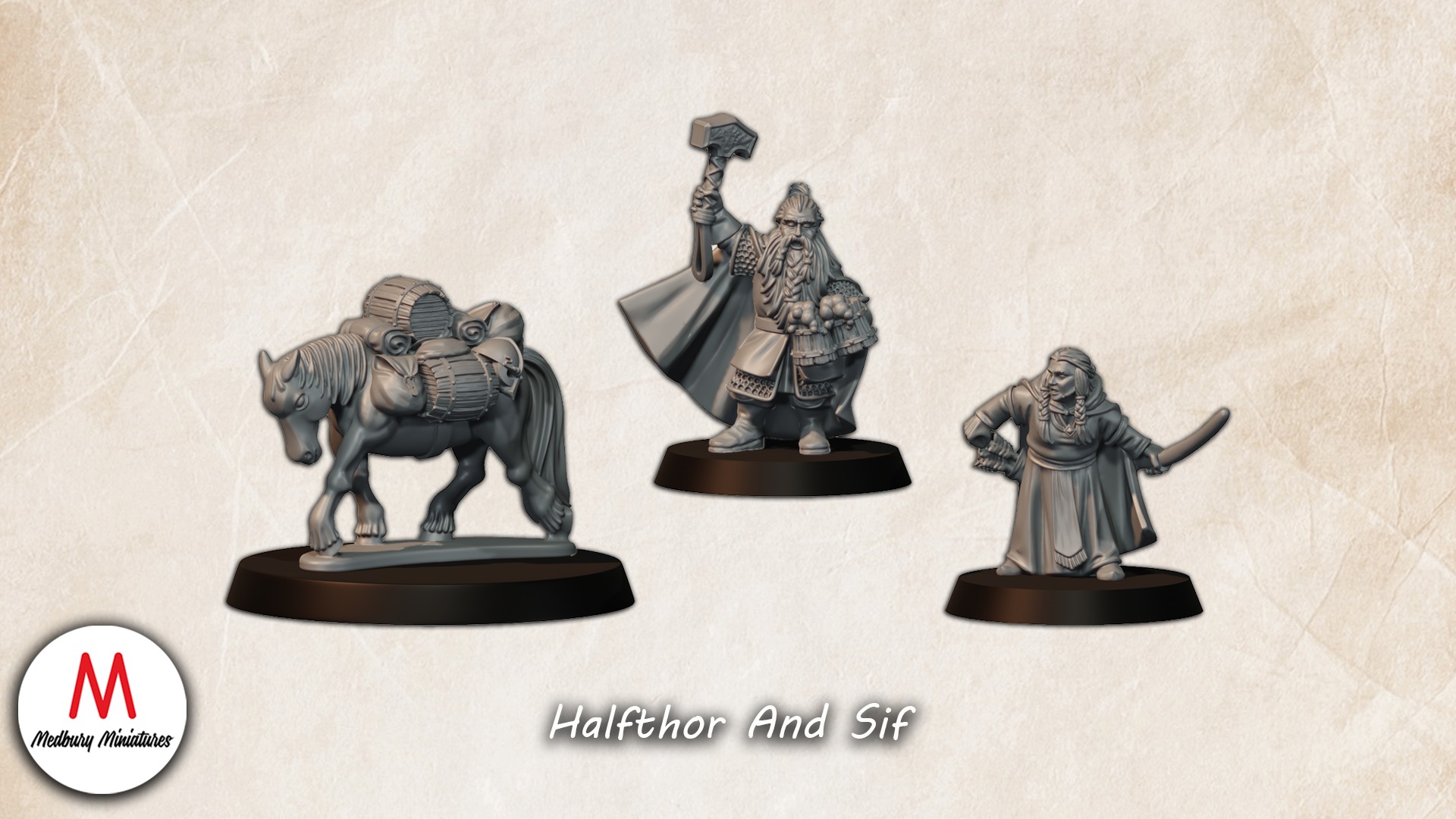 Halfthor and Sif fantasy wargaming 28mm designed by Medbury Miniatures and 3D printed by Forgemaster Miniatures