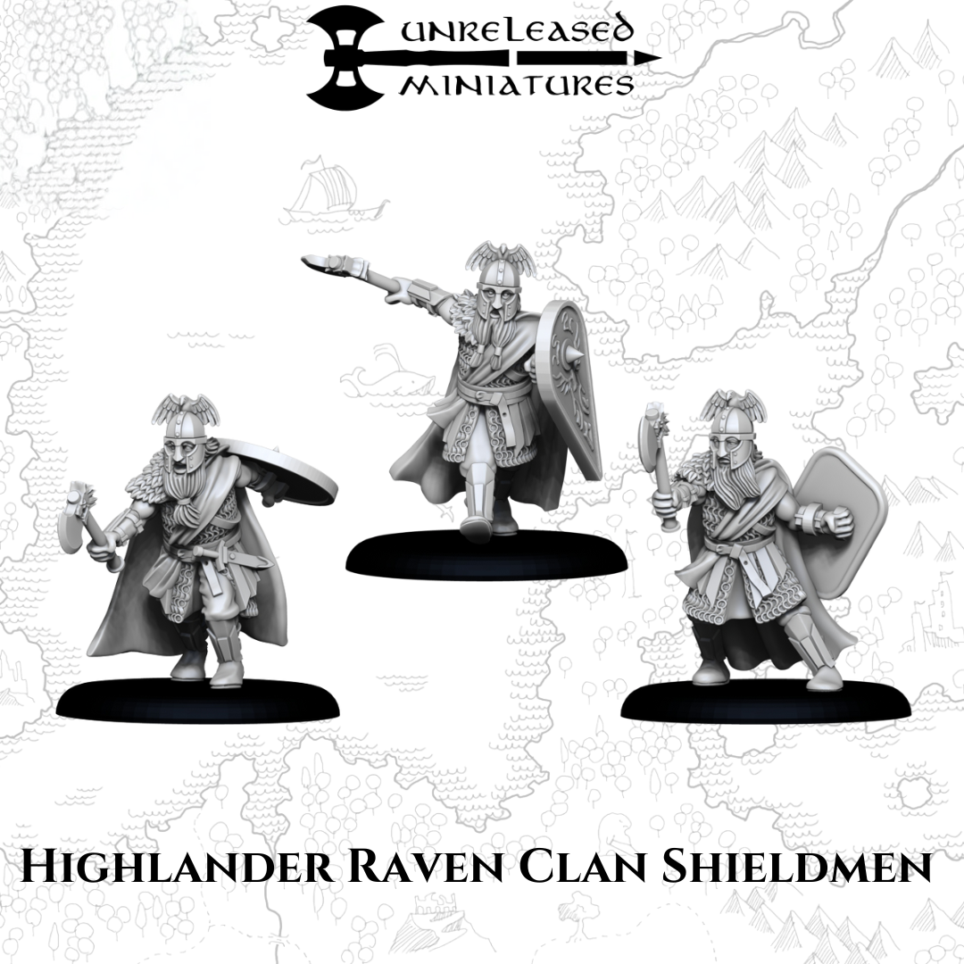 Highlander Raven Clan Shieldmen warriors 28mm scale wargaming miniatures designed by Unreleased Miniatures 3D printed by Forgemaster Miniatures