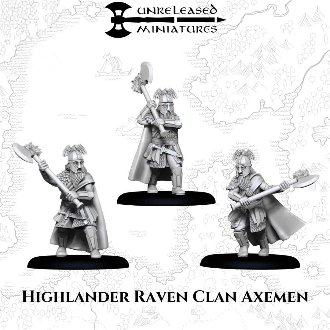 Highlander Raven Clan Axemen 28mm scale wargaming miniatures warriors with axes designed by Unreleased Miniatures 3D printed by Forgemaster Miniatures