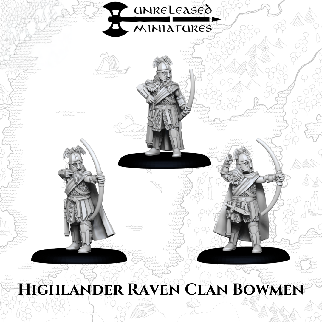 Highlander Raven Clan Bowmen 28mm scale wargaming miniatures archers with bows designed by Unreleased Miniatures 3D printed by Forgemaster Miniatures
