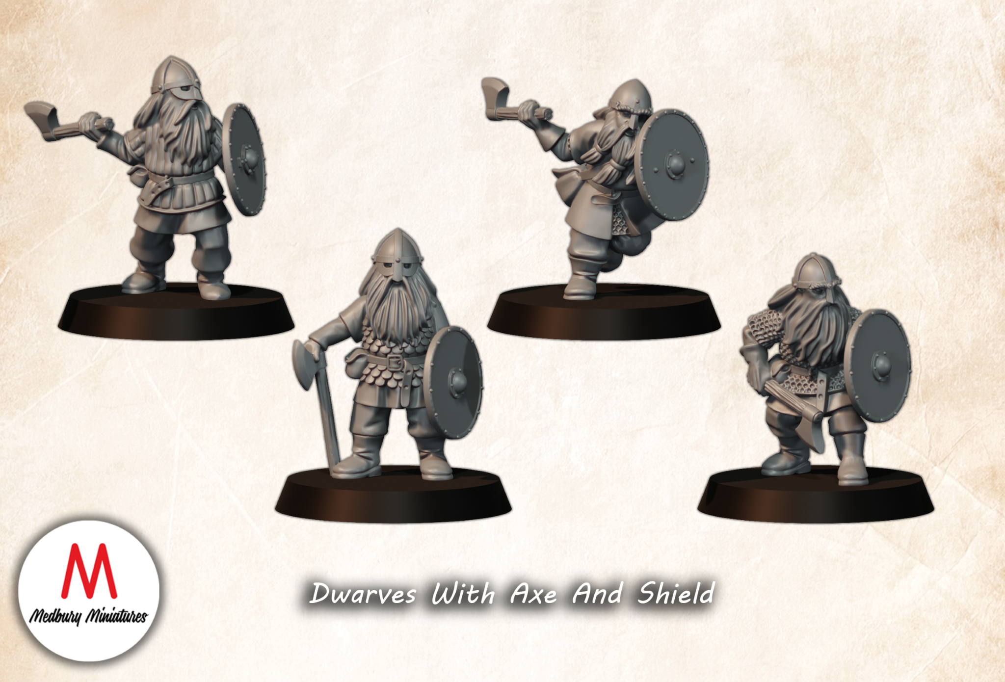Dwarves with Axe and Shield fantasy wargaming 28mm designed by Medbury Miniatures and 3D printed by Forgemaster Miniatures