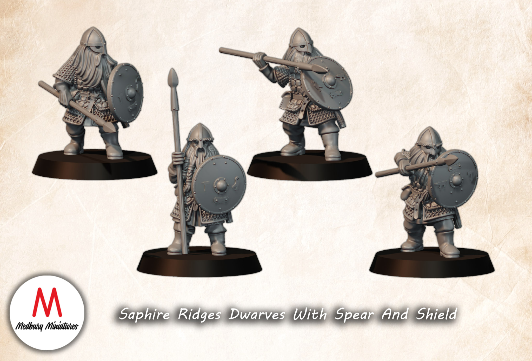 Saphire Ridges Dwarves With Spear And Shield fantasy wargaming 28mm designed by Medbury Miniatures and 3D printed by Forgemaster Miniatures