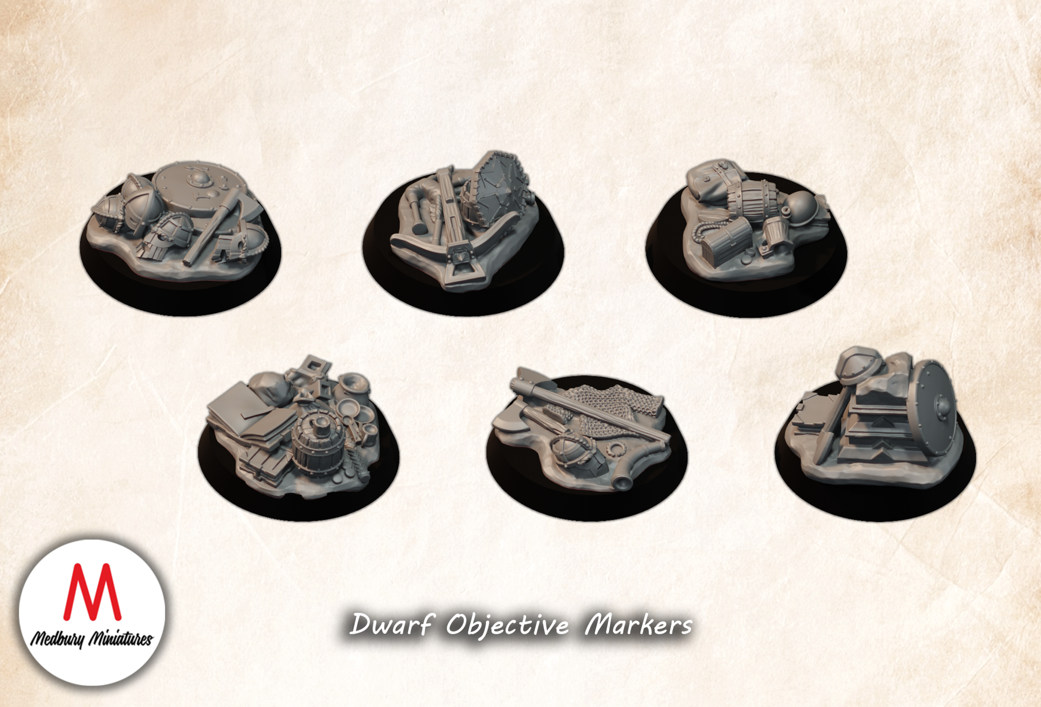 Dwarven Objective Markers fantasy wargaming 28mm designed by Medbury Miniatures and 3D printed by Forgemaster Miniatures