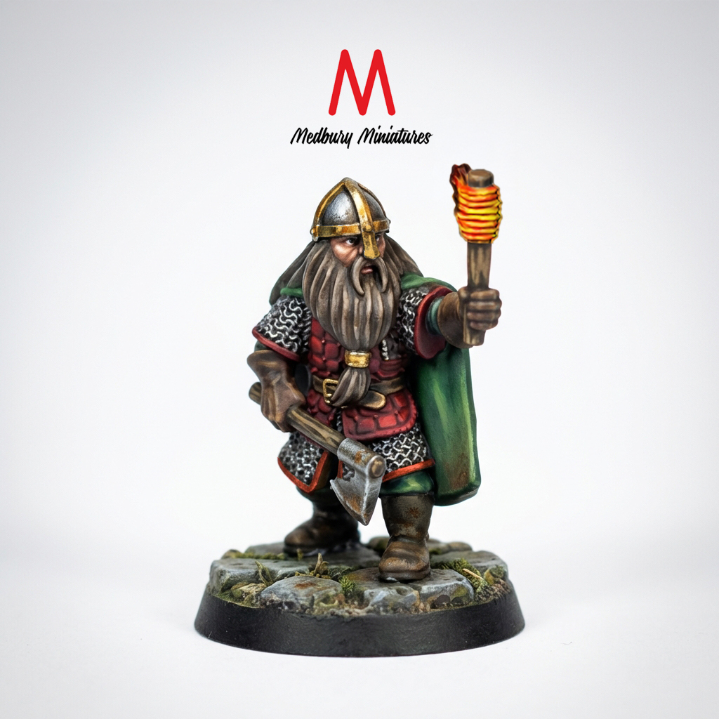 Dwarf with Torch fantasy wargaming 28mm designed by Medbury Miniatures and 3D printed by Forgemaster Miniatures painted