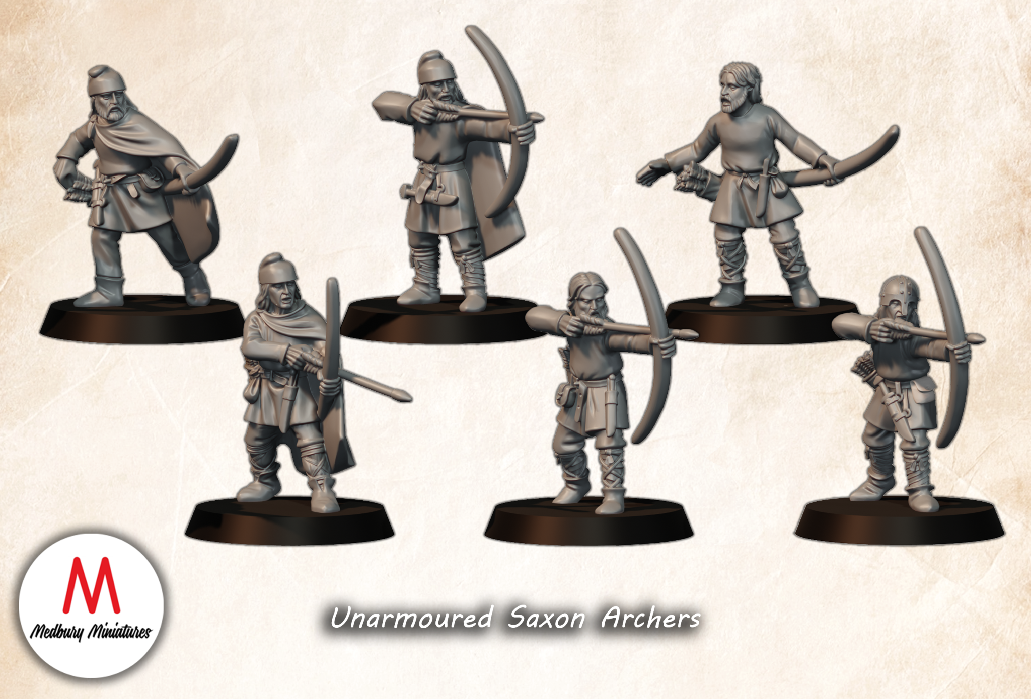 Unarmoured Saxon Archers fantasy Miniatures 28mm designed by Medbury Miniatures and 3D printed by Forgemaster Miniatures
