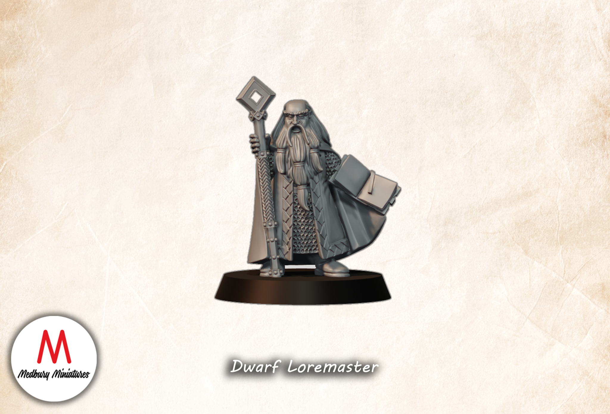 Dwarf Loremaster fantasy wargaming 28mm designed by Medbury Miniatures and 3D printed by Forgemaster Miniatures scaled
