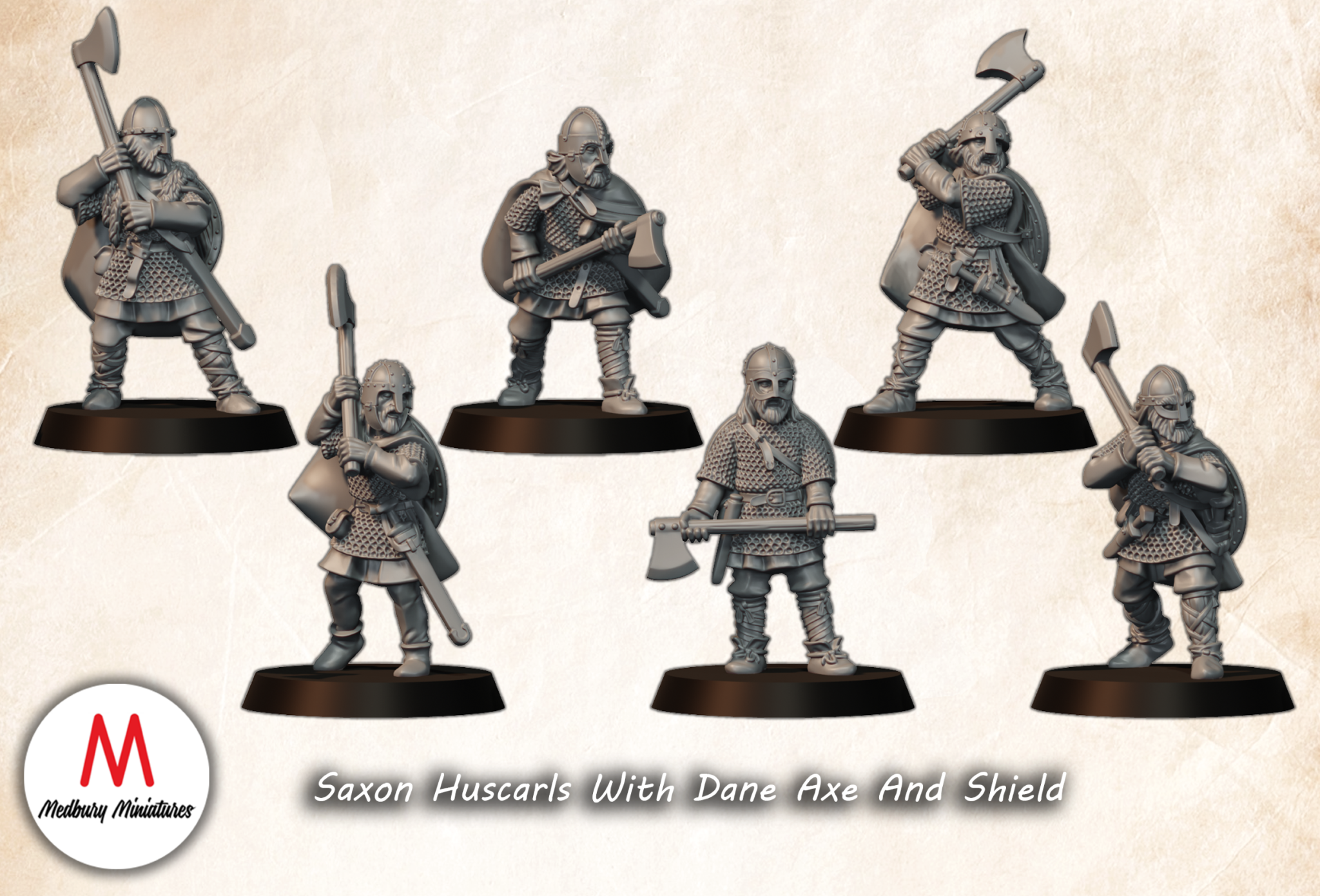 Saxon Huscarls with Dane Axe and Shield fantasy wargaming 28mm designed by Medbury miniatures and 3D printed by Forgemaster Miniatures scaled