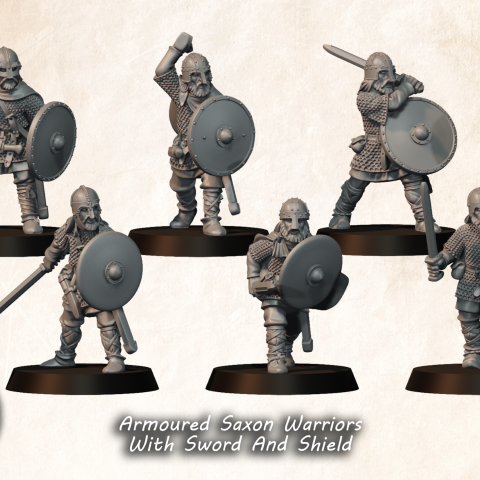 Armoured Saxon Warriors With Sword And Shield fantasy wargaming 28mm designed by Medbury Miniatures and 3D printed by Forgemaster Miniatures