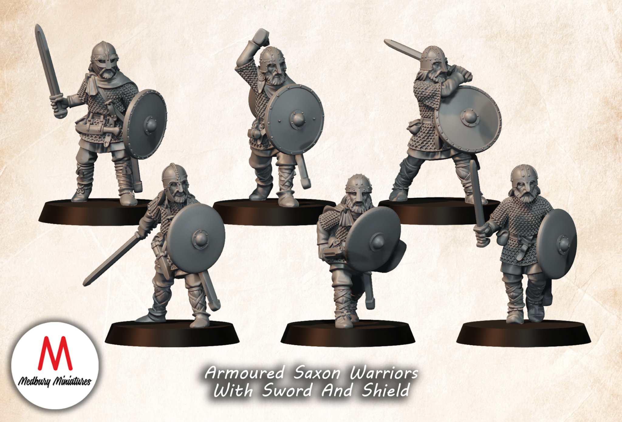 Armoured Saxon Warriors With Sword And Shield fantasy wargaming 28mm designed by Medbury Miniatures and 3D printed by Forgemaster Miniatures