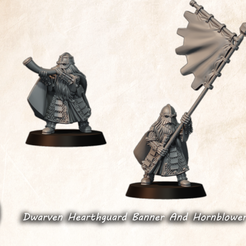 Dwarven Hearthguard Banner and Hornblower fantasy wargaming 28mm designed by Medbury Miniatures and 3D printed by Forgemaster Miniatures