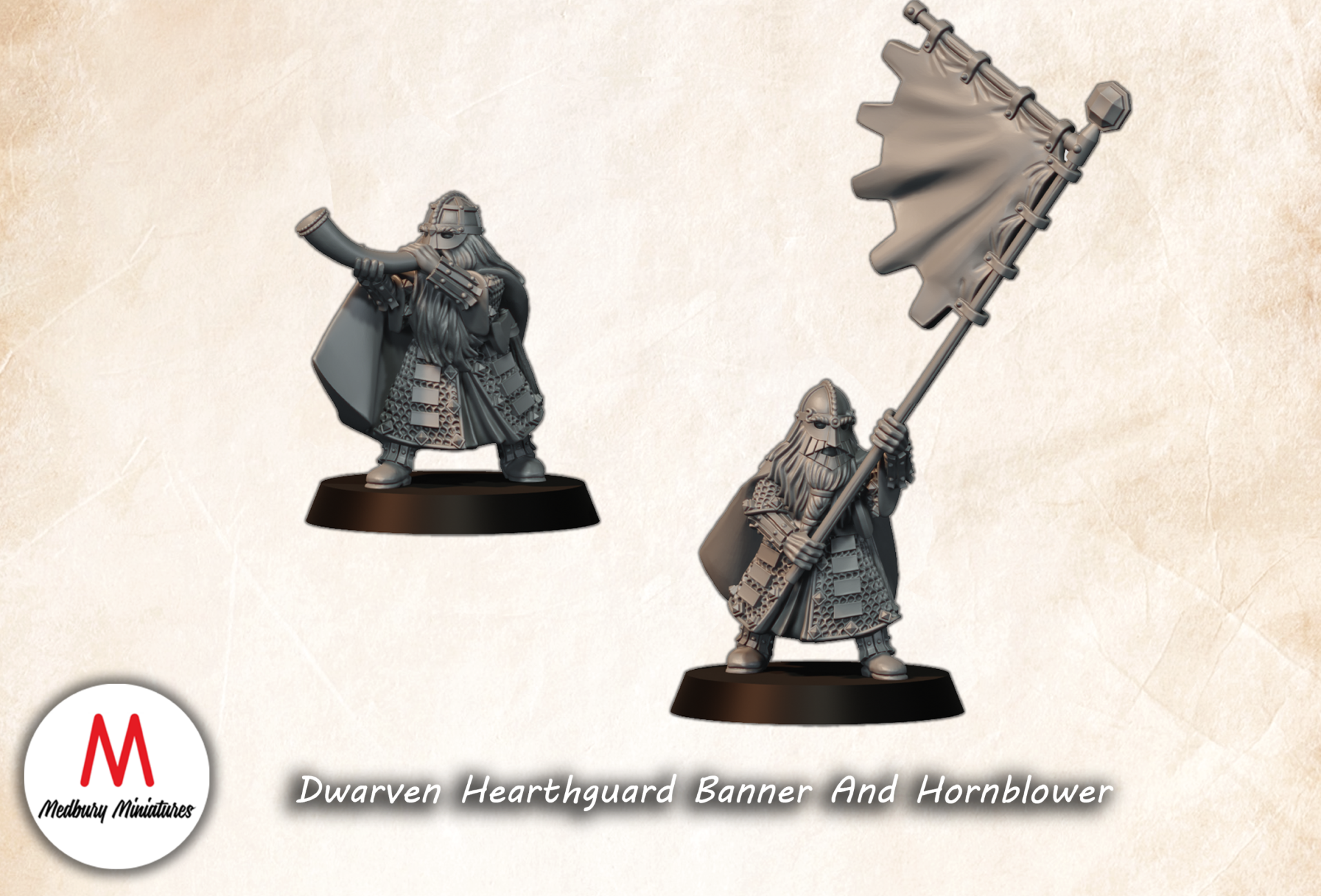Dwarven Hearthguard Banner and Hornblower fantasy wargaming 28mm designed by Medbury Miniatures and 3D printed by Forgemaster Miniatures
