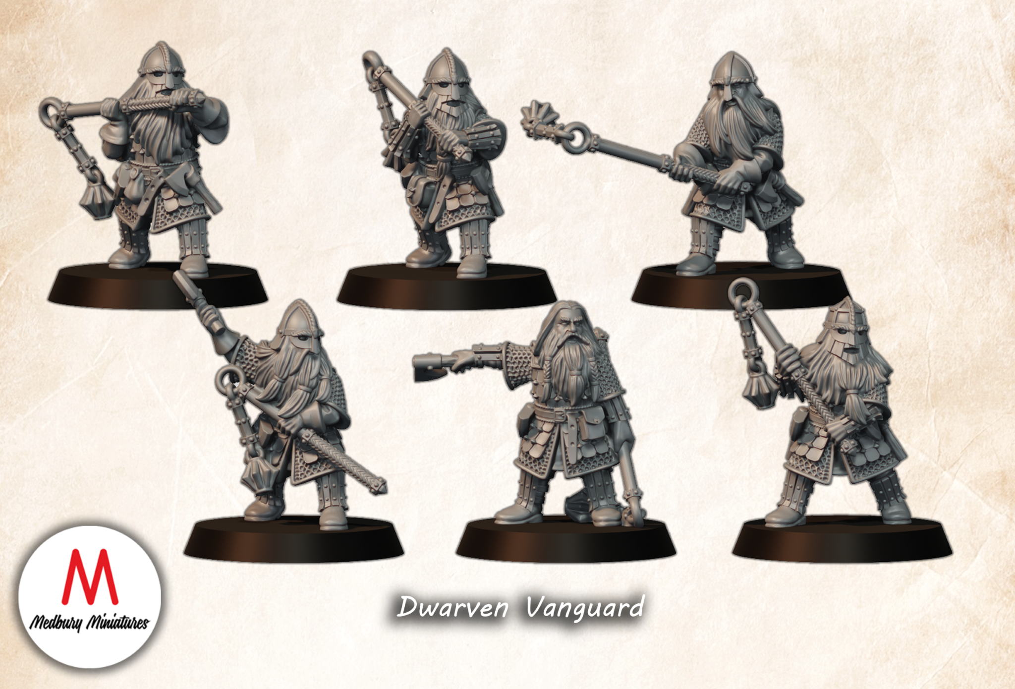 Dwarven Vanguard fantasy wargaming 28mm designed by Medbury Miniatures and 3D printed by Forgemaster Miniatures