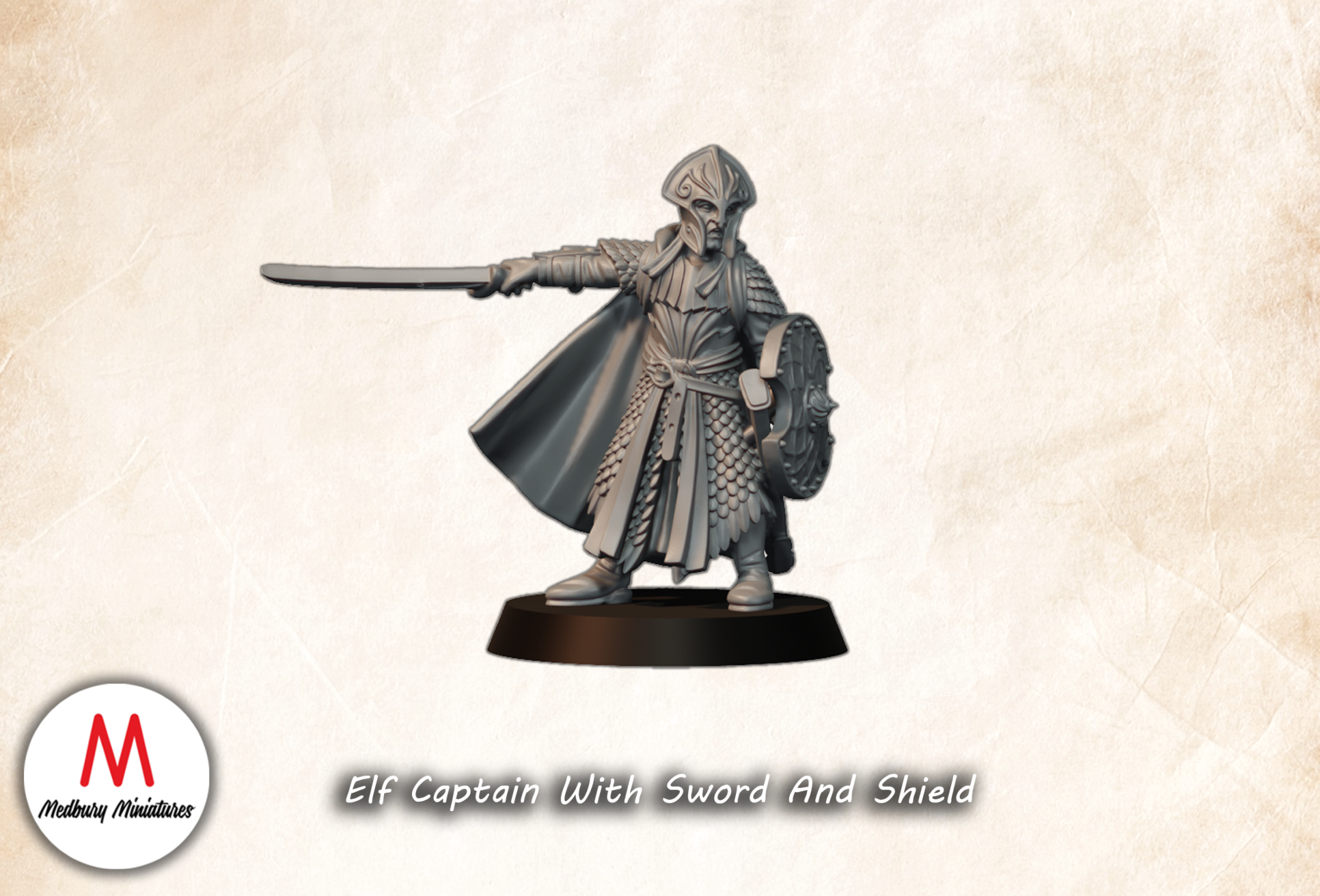 Elf Captain With Sword And Shield fantasy wargaming 28mm designed by Medbury Miniatures and 3D printed by Forgemaster Miniatures