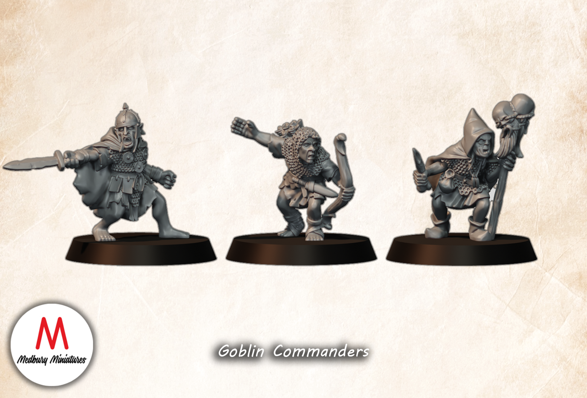 Goblin Commanders fantasy wargaming 28mm designed by Medbury Miniatures and 3D printed by Forgemaster Miniatures
