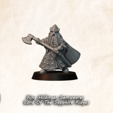 King Hildinger Gemwearer Lord of the Sapphire Ridges fantasy wargaming 28mm designed by Medbury Miniatures and 3D printed by Forgemaster Miniatures
