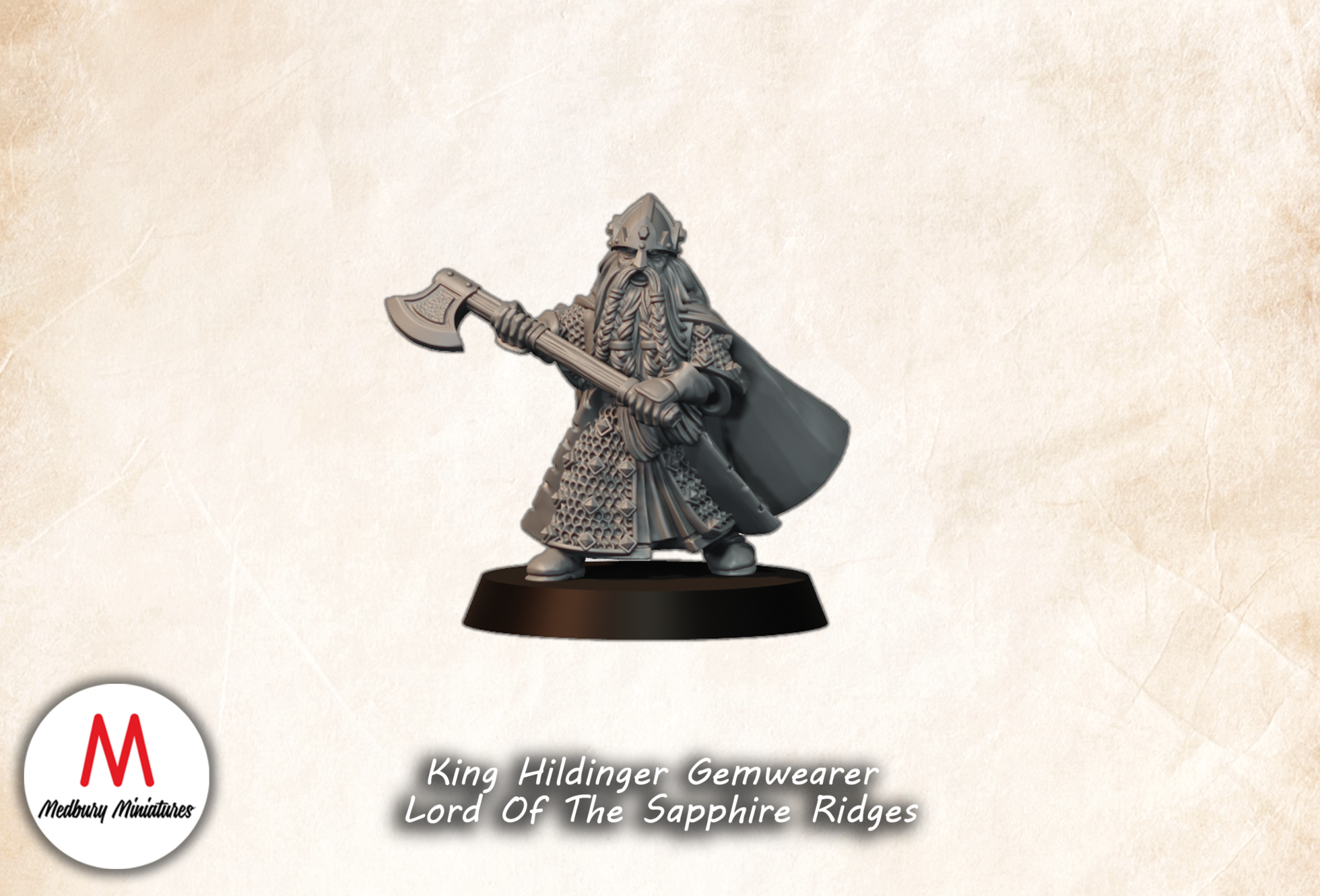 King Hildinger Gemwearer Lord of the Sapphire Ridges fantasy wargaming 28mm designed by Medbury Miniatures and 3D printed by Forgemaster Miniatures