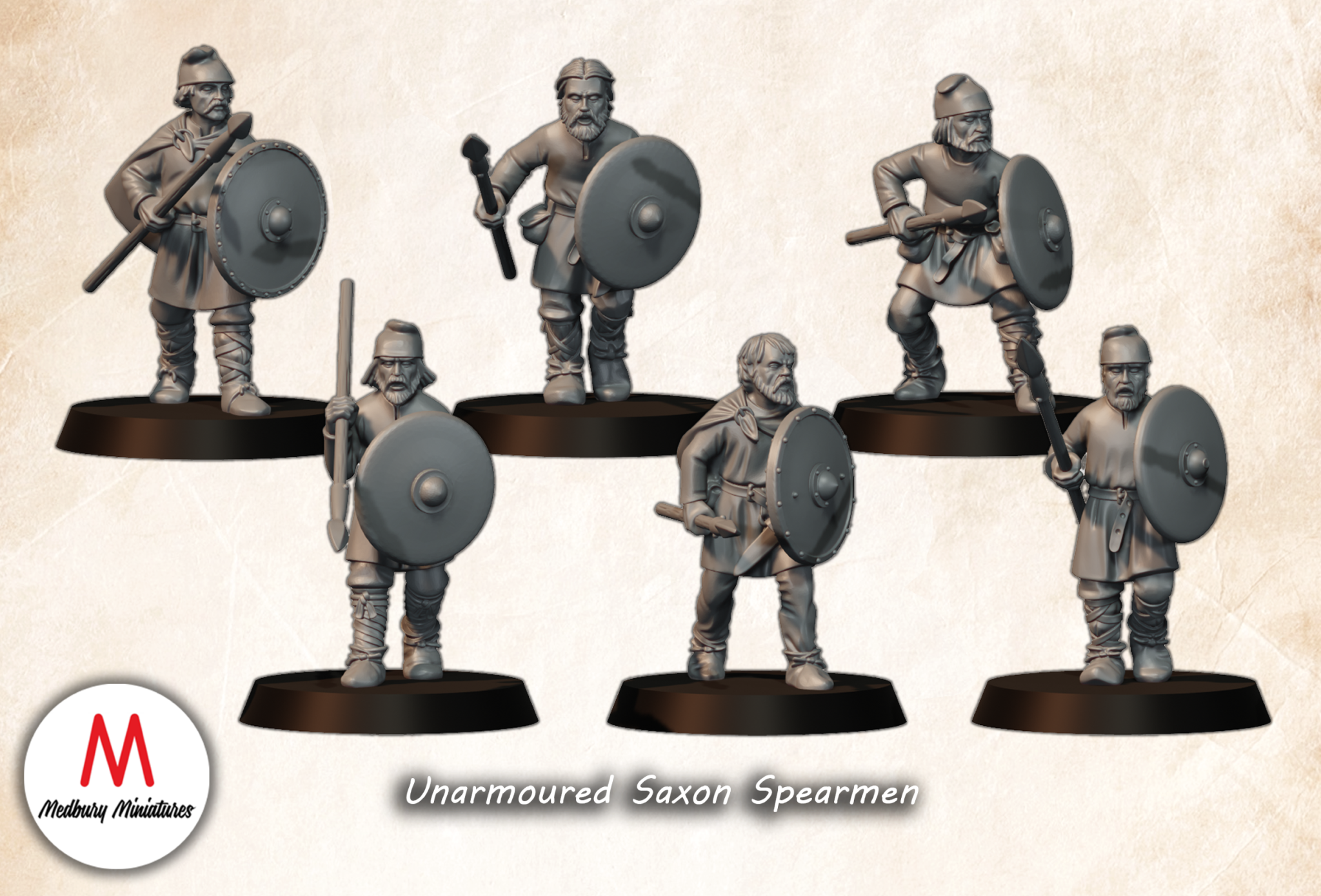 Unarmoured Saxon Spearmen fantasy wargaming 28mm designed by Medbury Miniatures and 3D printed by Forgemaster Miniatures
